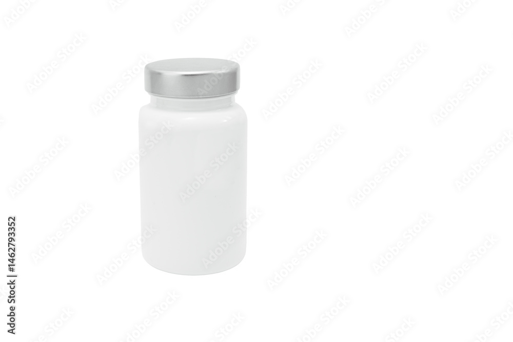 Generic white plastic medicine bottle with metal cap isolated on white background
