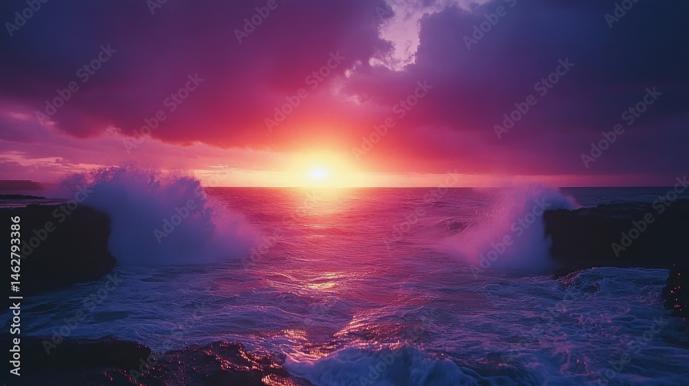Obraz premium Dramatic ocean sunset waves crashing on rocks