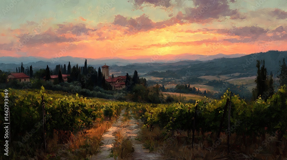 Fototapeta premium Tuscan sunset over vineyards, rural road and buildings