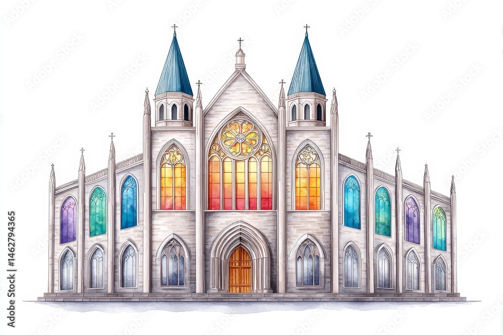Fototapeta premium Watercolor Grand Gothic Cathedral - A majestic gothic cathedral, in watercolor, features vibrant rainbow stained-glass windows, symbolizing diversity, faith, hope, light, and community
