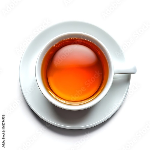 Top down view of a white teacup filled with dark tea on a white saucer on white background