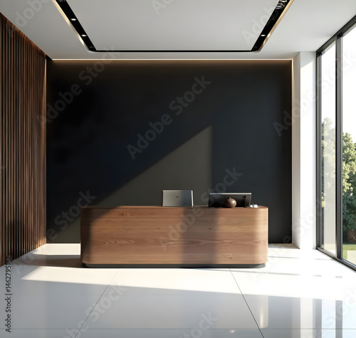 empty conference room with polished white epoxy‑coated floors, seamless black seamless gradient backdrop, and a sleek wooden reception desk in warm walnut finish. Hang sheer gray gossamer fabric to fi