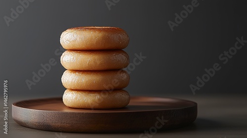 A stack of golden-brown, circular baked goods on a wooden plate.