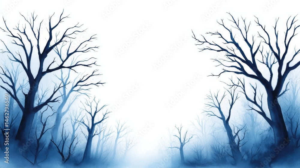 Fototapeta premium Winter Woodland Path - A serene winter scene, featuring bare trees silhouetted against a white background, creating a mystical, peaceful atmosphere