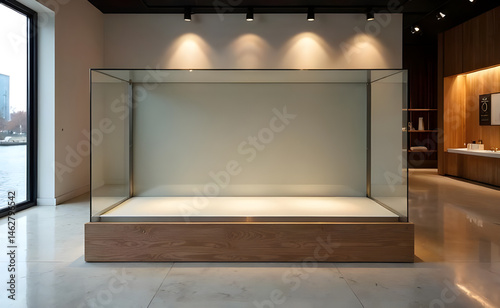 A high-end, minimalist glass display case nestled in a sleek, industrial-inspired retail gallery. The glass surface is a flawless backdrop, reflecting subtle lighting and providing depth in the scene.