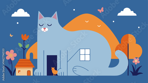 Lawn Naptime Outside the tiny house the gigantic cat is lounging in the yard its massive body taking up most of the space. The tiny house behind it looks cozy and inviting with an