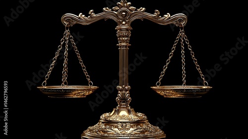 Ornate golden scales of justice on a black background.