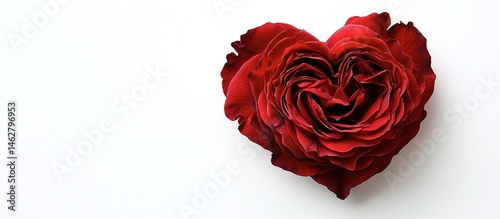 A red rose formed into a heart shape on a white background.