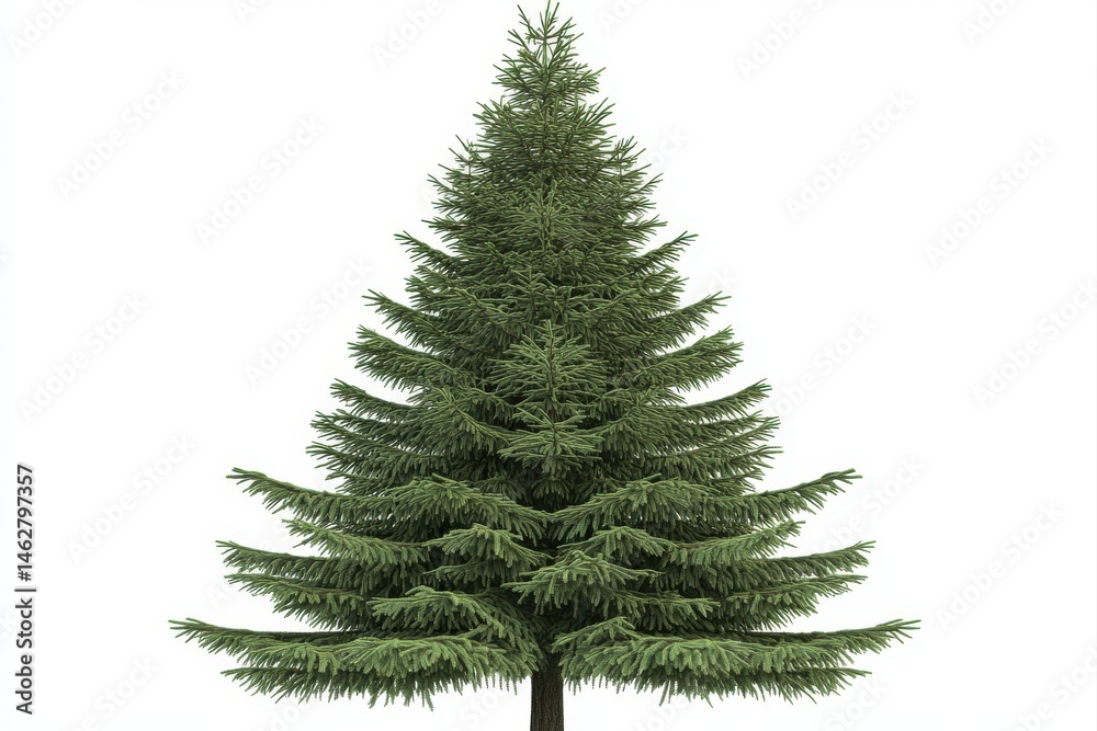 Full view of a lush evergreen tree, coniferous foliage. Dense branches form a classic Christmas tree shape, isolated on a white background Full view of a lush evergreen tree, coniferous foliage. Dense branches form a classic Christmas tree shape, isolated on a white background