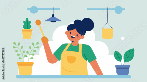 Kitchen Performance A cheerful kitchen environment featuring a person in an apron passionately singing into a broom while stirring a pot on the stove. The kitchen is vibrant with