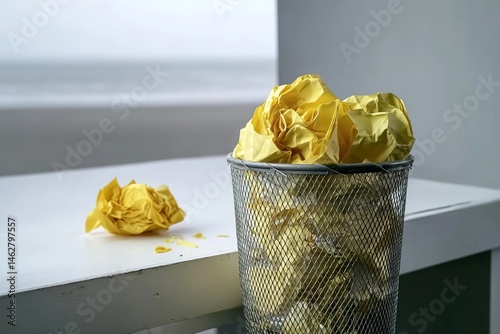 A crumpled yellow paper is thrown into the trash can, next to it lies another one that was also