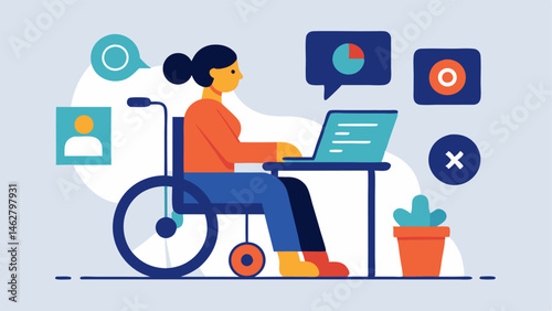 Laptop Accessibility A person in a wheelchair using an adaptive computer setup with large print and voice assistance features emphasizing the importance of technology in job