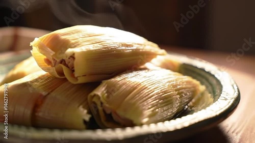 Stack of Steaming Chicken Tamales in Corn Husks on Decorative Plate and Wooden Table Food Photography
