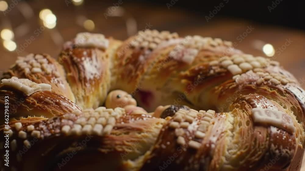 Close Up of Golden Rosca De Reyes Topped with Candied Fruit and Sugar on Wooden Table Celebrating Three Kings Day