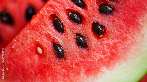 A cross-section of a watermelon with seeds Macro shot of a watermelon slice, highlighting the tiny black seeds scattered across the bright red flesh.