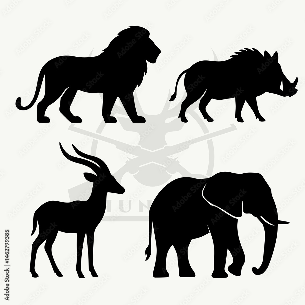 Naklejka premium Hunting Silhouettes of African Wildlife Lion, Elephant, Antelope
