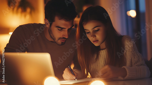 Father helping daughter with homework warm lighting focused expressions cozy atmosphere evening study session laptop on table writing notes educational support family bonding learning together