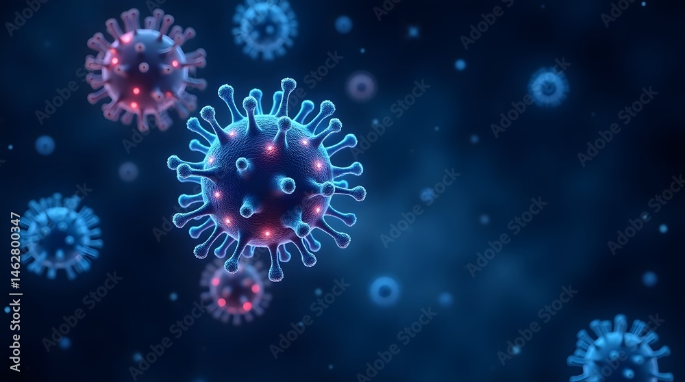 Stylized 3D illustration of a virus, showcasing intricate details in blue and red tones. Stylized 3D illustration of a virus, showcasing intricate details in blue and red tones.