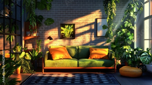 Sunny plant-filled apartment interior with green sofa, relaxing ambiance for ads