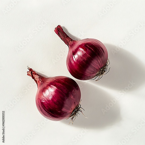 Two red onions with stems and roots on a plain white surface in a square format shot