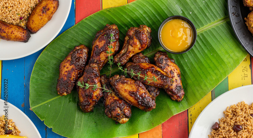 Top-down view of jerk chicken wings served on banana leaf with dipping sauce, bright colorful Caribbean street food style