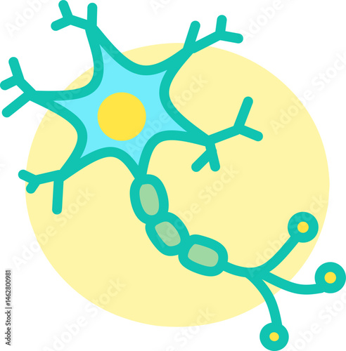 Nerve neuron cell flat color linear in a soft yellow color round background icon. Fit for neuroscience presentation
