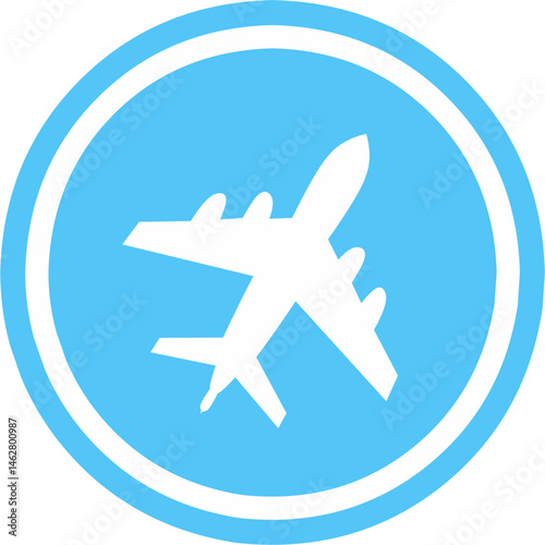 plane silhouette on a blue round background, vector illustration.