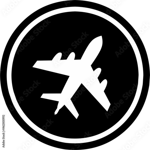 plane silhouette on a black round background, vector illustration.