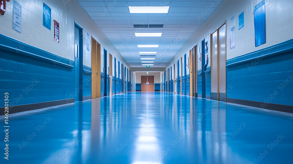 Fototapeta premium Un couloir d'hôpital bien éclairé montre des portes de chambres et un sol brillant. L'environnement est propre et apaisant, convenant à un espace médical.