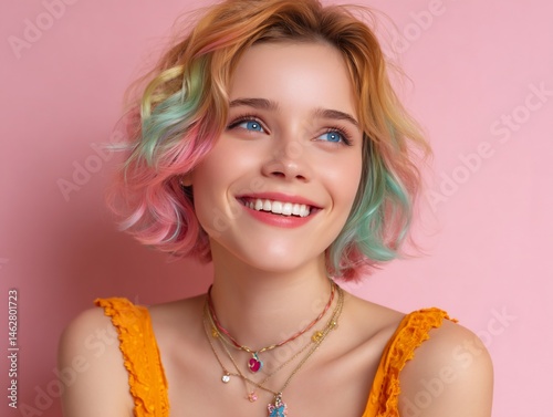 Radiant girl pastel hair bright smile youthful joy