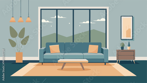 A spacious living room with a large floortoceiling window a lowprofile sofa and a neutral colored area rug.