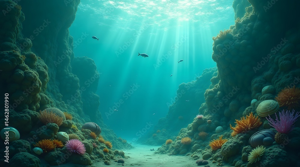 Fototapeta premium Vibrant underwater scene showcasing colorful coral reefs and diverse marine life in serene blue waters.
