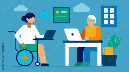 Home Consultation A person in a wheelchair sitting comfortably at a desk with a laptop. The screen shows a healthcare professional. An assistive device for communication is p on