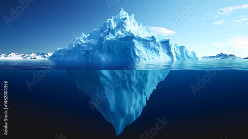 Un iceberg majestueux émerge du niveau de la mer, reflétant les nuances de bleu dans l'eau cristalline. Le ciel est clair et ensoleillé, créant une ambiance paisible.
