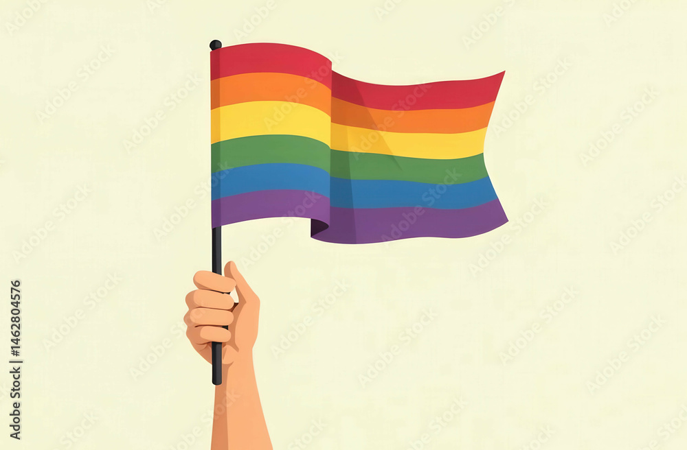 Fototapeta premium Hand holding rainbow pride flag against neutral background for lgbtq+ symbolism and diversity. A non-binary person