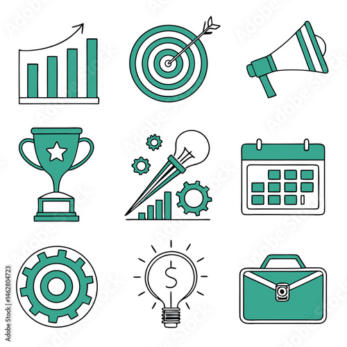 Green Business Icons for Growth, Strategy, and Productivity in Flat Style