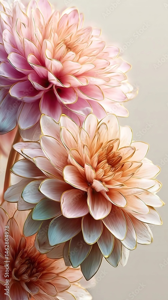 A detailed close-up of pink and gold dahlia flowers, each petal in soft pastel hues, set against an A detailed close-up of pink and gold dahlia flowers, each petal in soft pastel hues, set against an