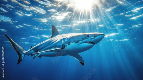 Wallpaper Mural Great white shark swimming ocean sun rays Torontodigital.ca