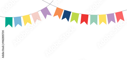 Bunting, little flags hanging on string, festive decorations, garland, isolated vector illustration. Birthday party, holiday celebration, festival, carnival, anniversary, Festa Junina design element