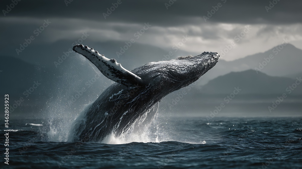Naklejka premium Whale breaches sea surface, dark stormy clouds backdrop