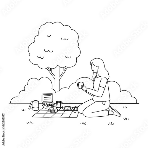 Woman enjoying a picnic outdoors against a tree background  