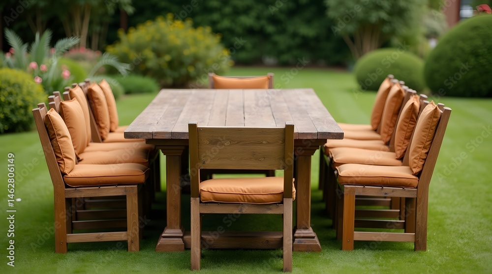Fototapeta premium A wooden dining table surrounded by comfy orange-cushioned chairs, set in a lush garden.