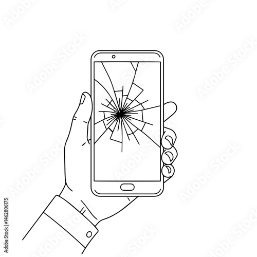 Hand holding broken smartphone screen with cracks  