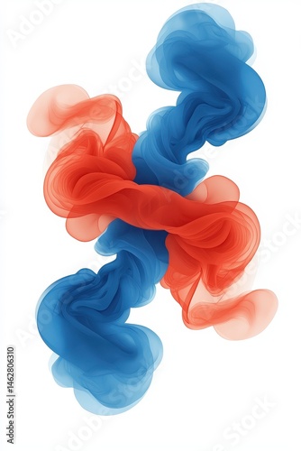 Abstract red and blue wisps intertwine on a white background, creating a fluid, modern, and dynamic visual effect.