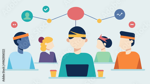 Group Learning Session Multiple people wearing headbands in a classroom setting with glowing connections showcasing shared knowledge and collaboration.