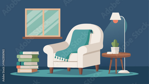 A reading nook with a white slipcovered armchair a knitted throw blanket and a wooden side table.