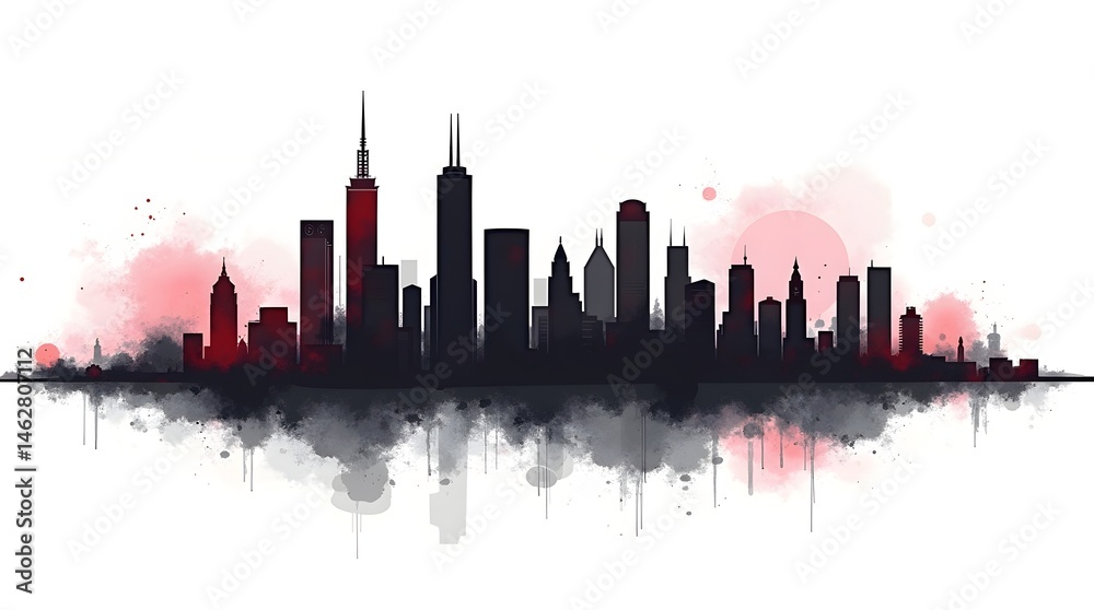 Naklejka premium A dramatic silhouette of a city skyline, blending shadows with bold red accents, evoking a vibrant urban atmosphere.