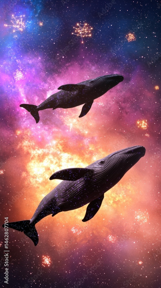 Fototapeta premium Two whales swim through a vibrant, cosmic space filled with stars and colorful nebulae.