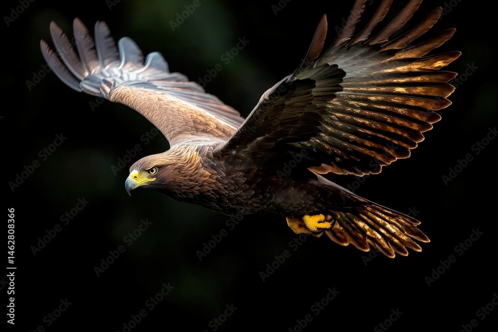 Obraz premium A majestic eagle soars through the air with its wings fully extended against a dark background.