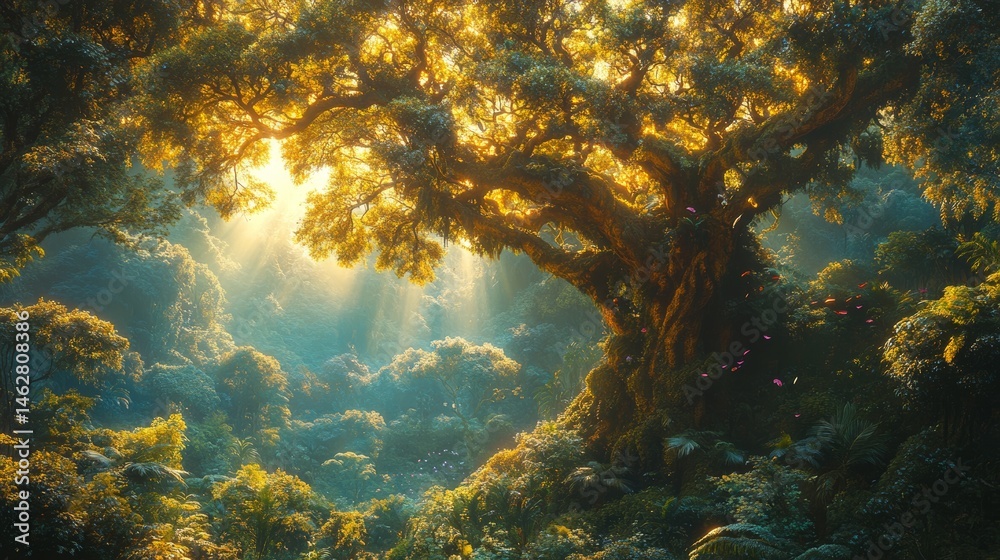 Obraz premium A dense rainforest scene with a massive tree trunk covered in moss, while colorful toucans and parrots rest on the branches.